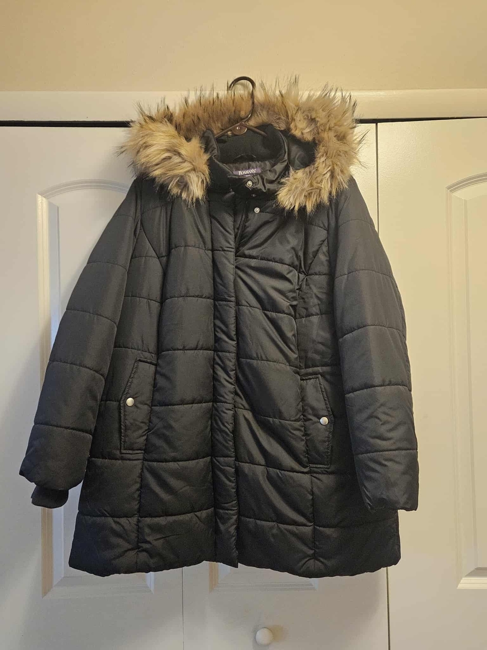 Roaman's Black Quilted Puffer Coat with Faux Fur Trim